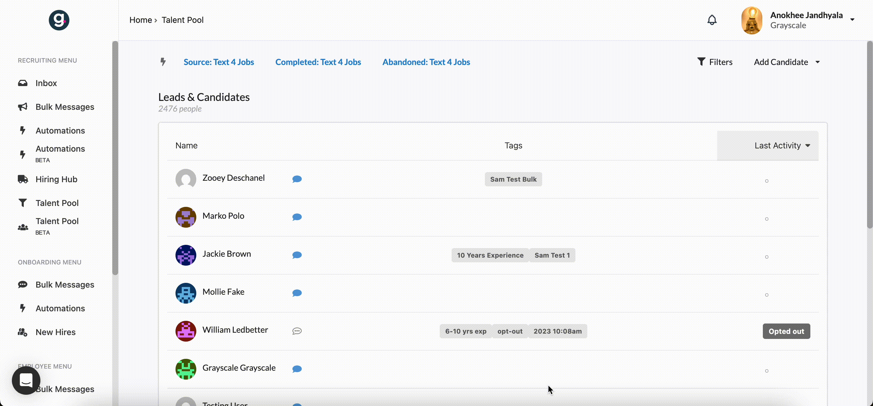 Legacy Talent Pool filtering demo
